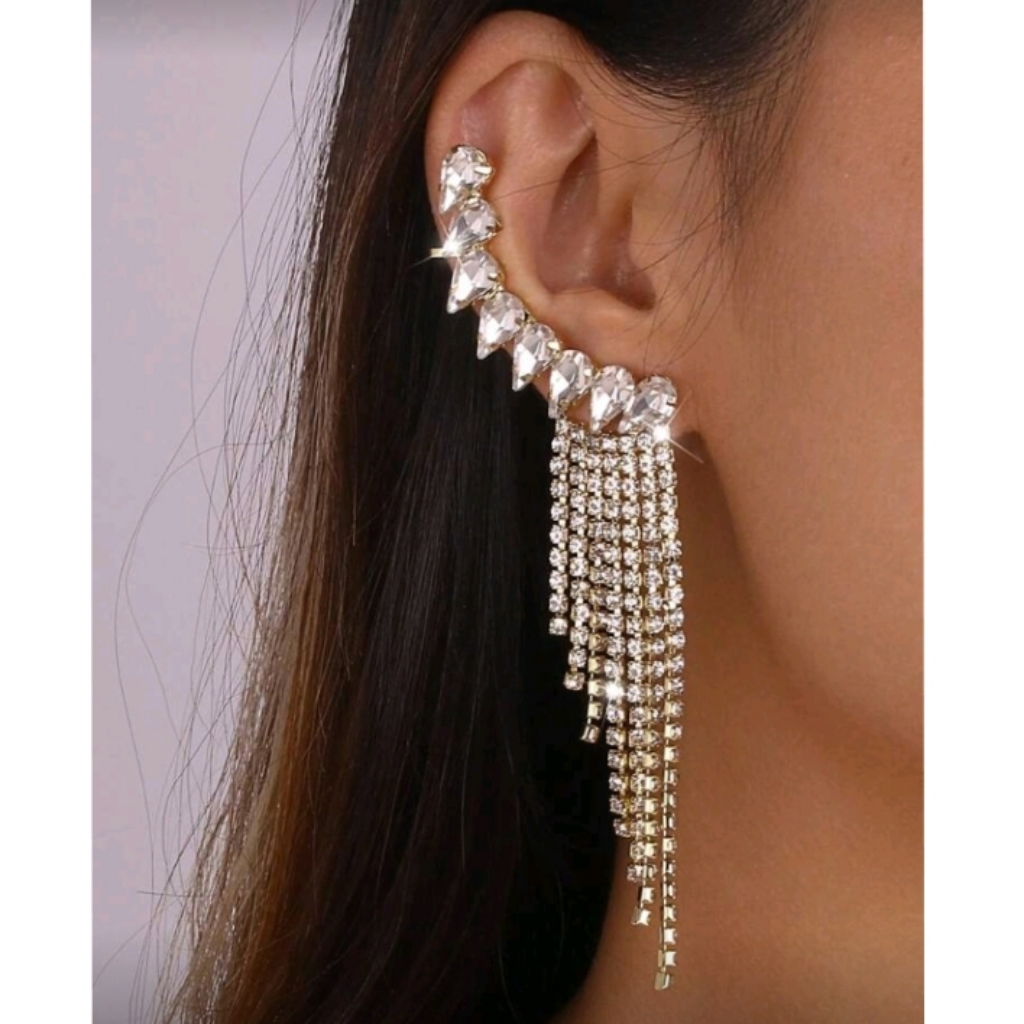 New! Gold Plated Stunning & Elegant Crystal Fringe Ear Cuff Earrings